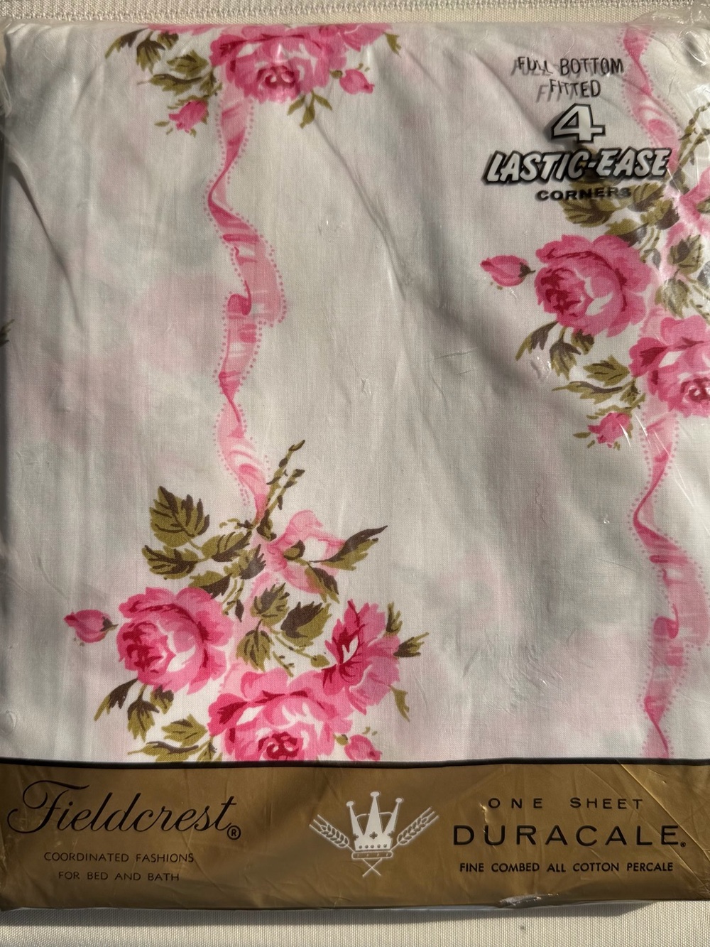 Vintage Fieldcrest Ribbon Bouquet Full Sheet Set Pink Floral Percale NOS USA